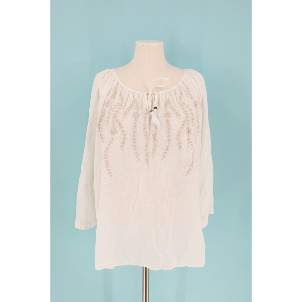 J Jill Womens XL White Beige Floral Embroidered 3/4 Sleeve Tie Neck Cotton Top